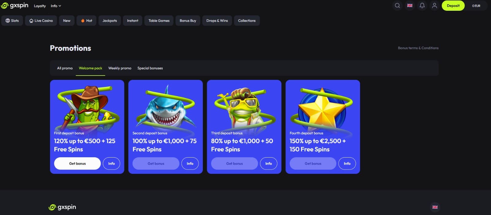 The promotions page of GxSpin Casino displays the welcome bonus across the first four deposits.