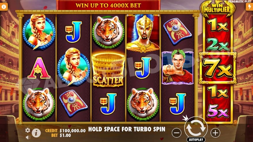 Base game with a win multiplier meter to the right showing 7X.