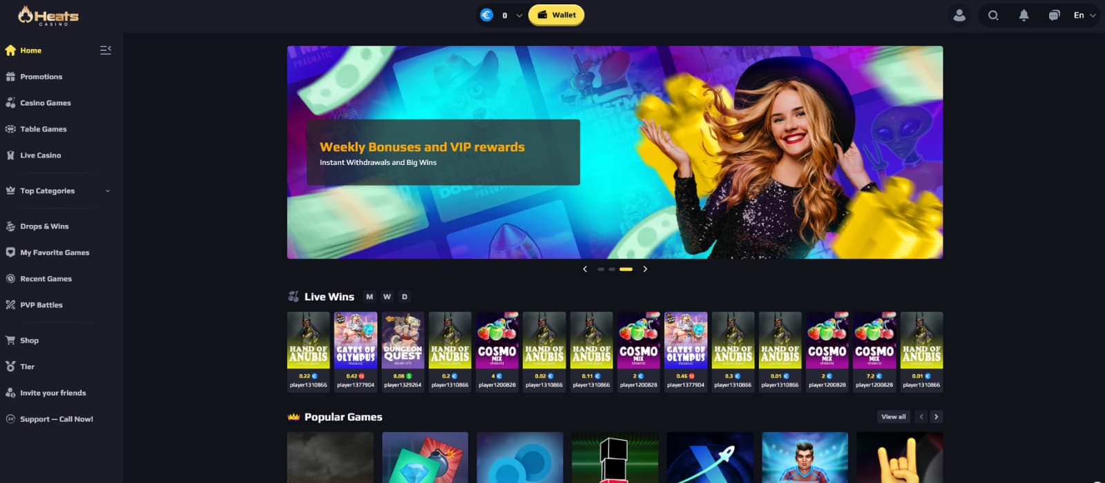 Heats Casino Promotions Page featuring active offers including 150% Bonus, 100% Bonus, and Monday 50% Bonus.