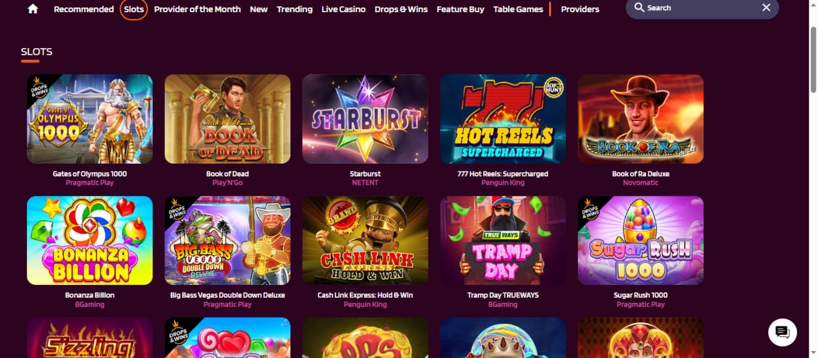 HappySpins Casino games pge with the colorful slot game icons, and game categories above to filter games
