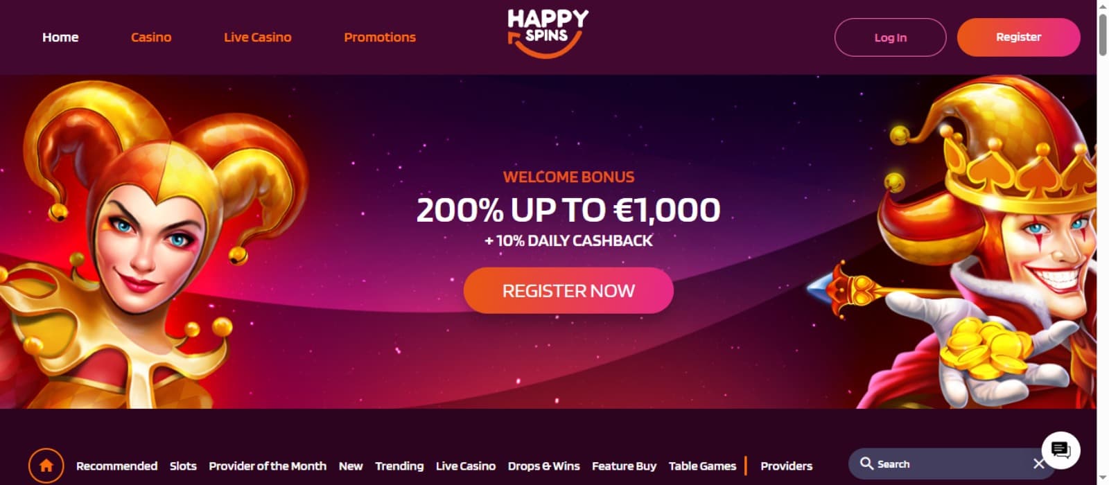 HappySpins Casino landing page with the welcome bonus offer banner with animated images, top navigation menus and game categories below