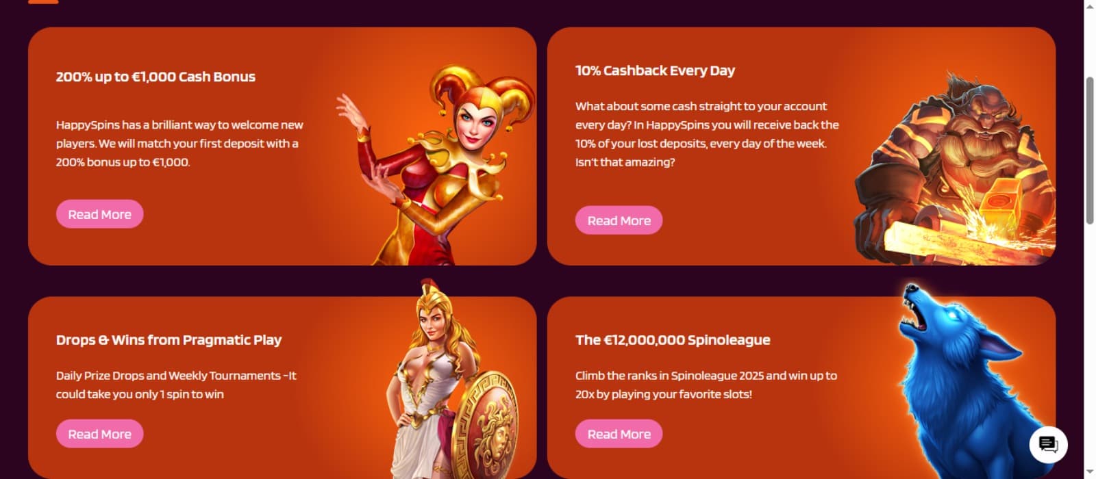 HappySpins Casino promotions page with the various bonus offer banners, their descriptions and slot game characters