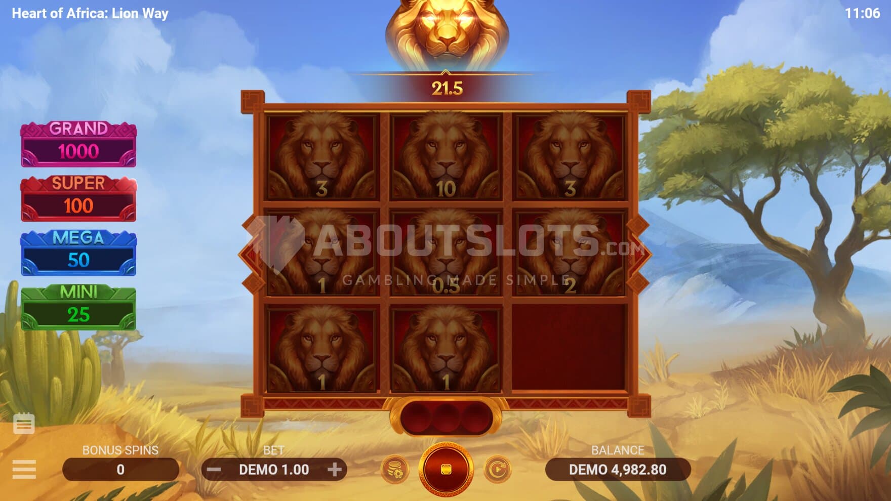 The bonus game is played on a specific 3x3 playing grid with only Money Lion Symbols