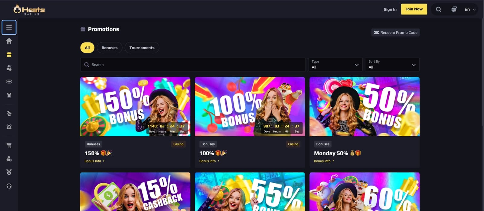 Heats Casino bonus page displaying welcome bonuses, free spins offers, sportsbook promotions, cashback rewards, and VIP benefits in a sleek casino interface.
