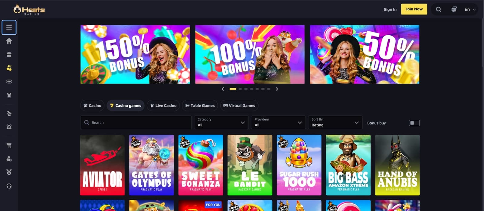 Heats Casino game page showcasing online slots, live casino titles, and featured games with colorful thumbnails, provider filters, search functionality, and category navigation.