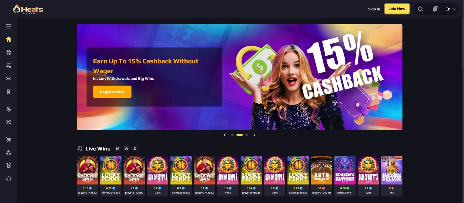 Heats Casino homepage featuring a modern sports-inspired design with promotional banners, featured slot games, sportsbook highlights, and navigation for casino and betting categories.