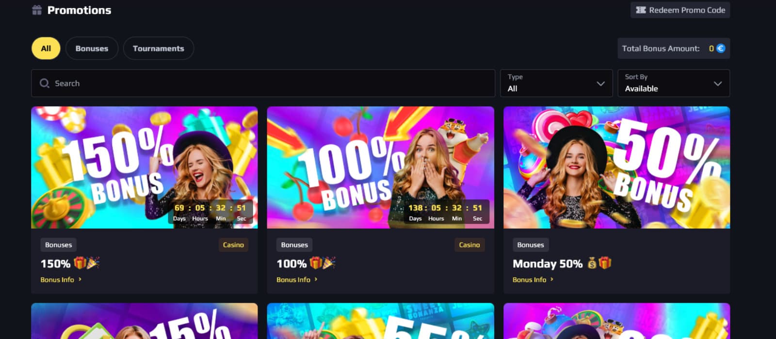 Heats Casino Promotions Page featuring active offers including 150% Bonus, 100% Bonus, and Monday 50% Bonus.