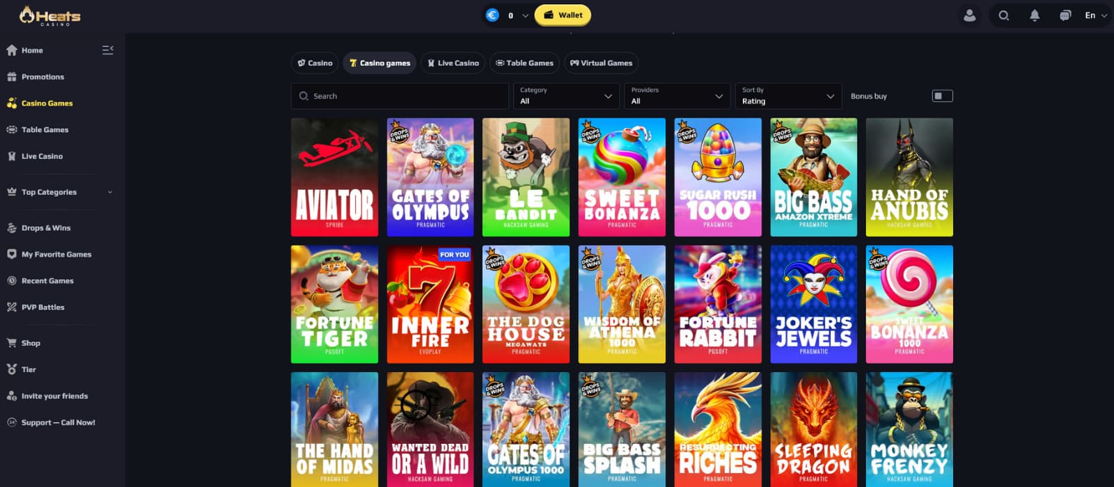 Heats Casino Games Page displaying popular slots such as Aviator, Gates of Olympus, Sweet Bonanza, and Hand of Anubis.