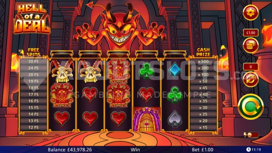 The base game set at the gates of hell with the devil standing above the reels