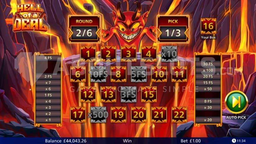 The bonus game set in the depths of hell with lava pouring down around the reels