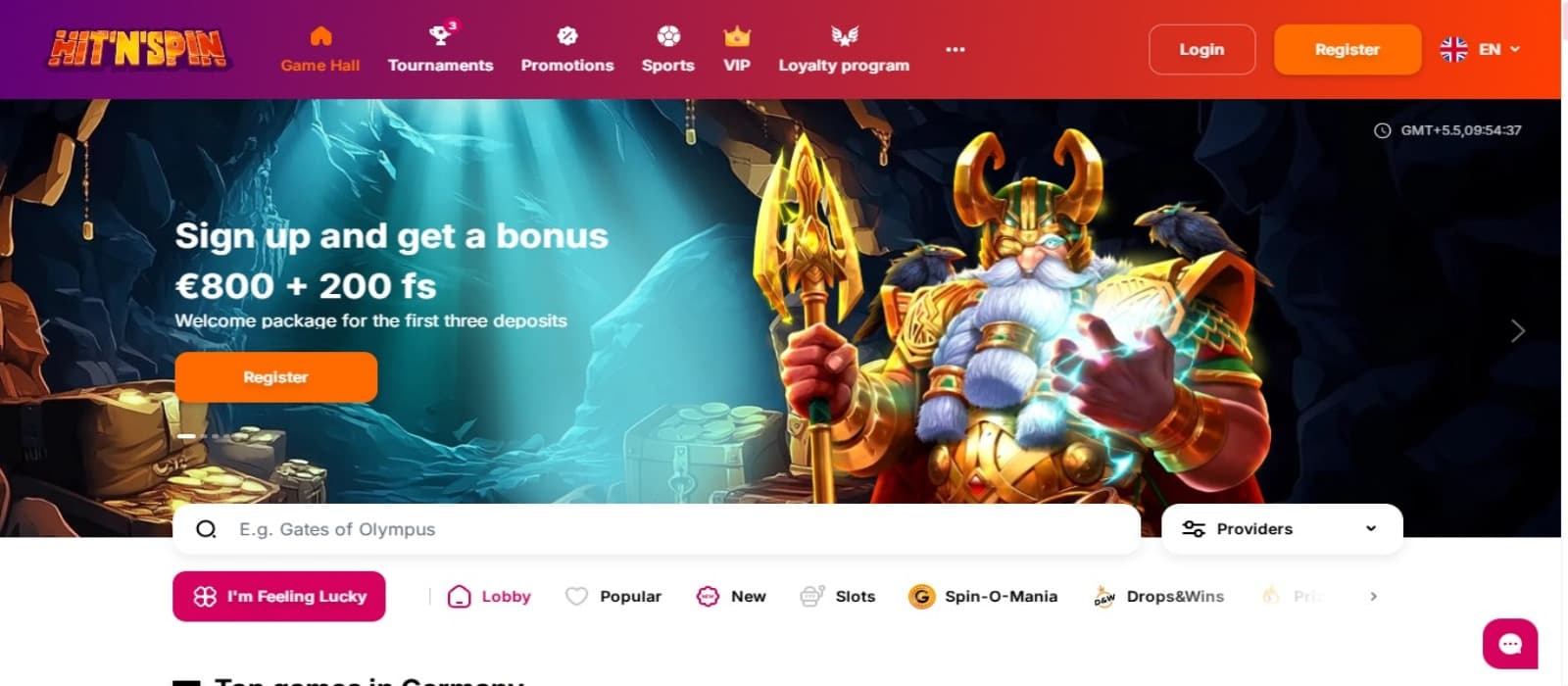 HitnSpin Casino landing page with the welcome bonus offer banner and navigational menus at the top and bottom
