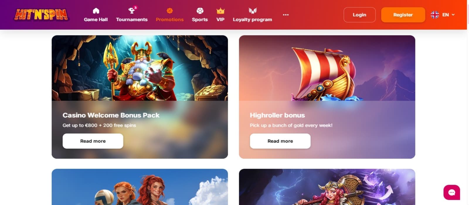 HitnSpin Casino promotions page with the various bonus offer banners and top navigational menus