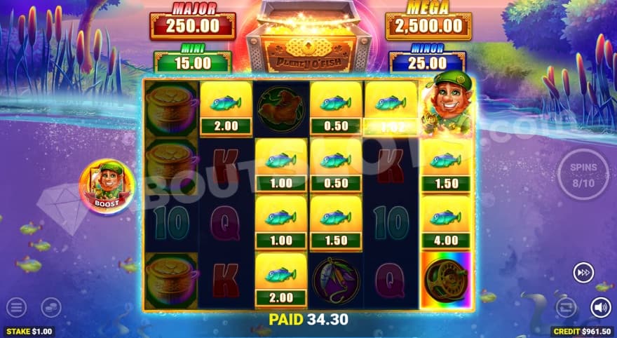 Free Spins feature with a leprechaun collect symbol on the sixth reel.