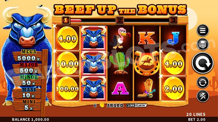 A casino slot with a blue bull to the left of the reels.