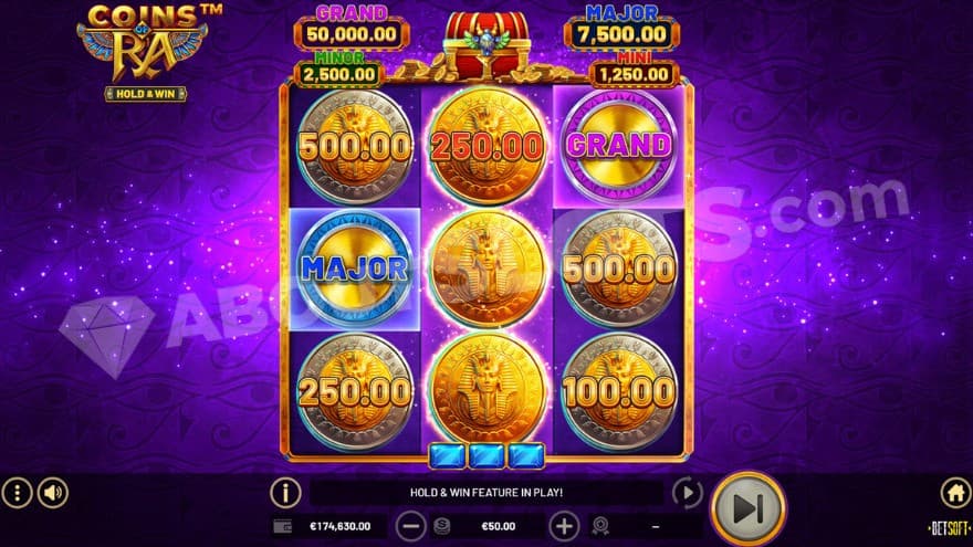 Hold and win bonus game with one Grand coin on the third reel.