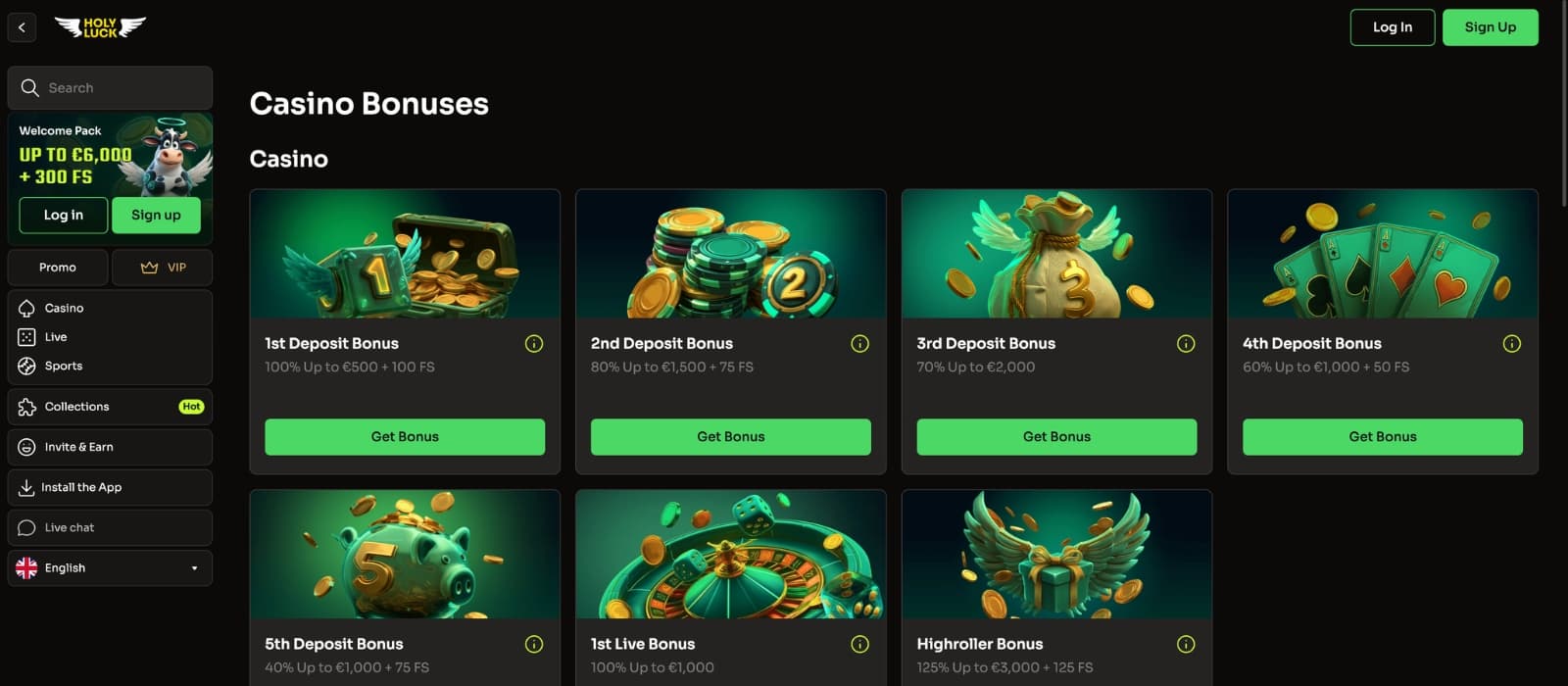 HolyLuck Casino bonus page displaying welcome bonuses, free spins offers, cashback promotions, and VIP rewards in a bright fantasy-inspired interface.