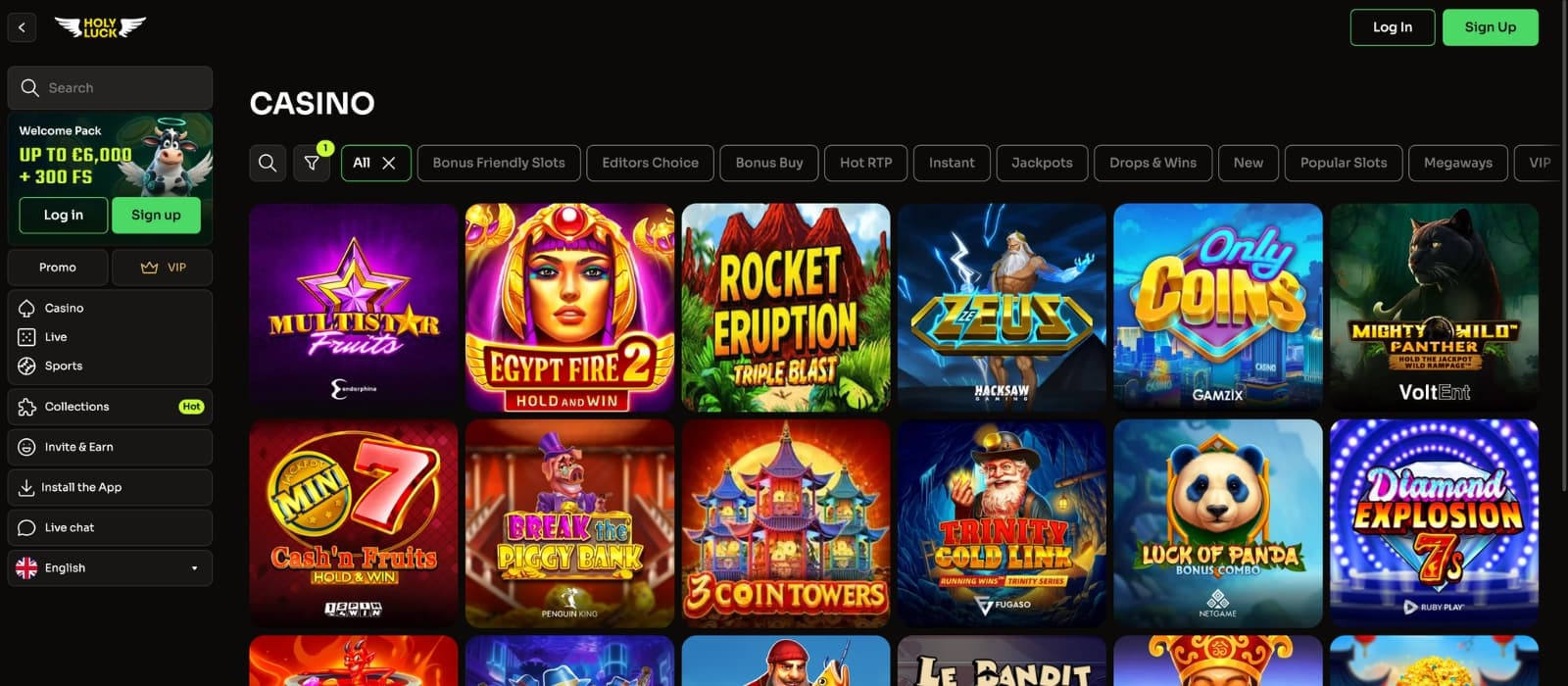 HolyLuck Casino game page showcasing online slots and casino titles with colorful game thumbnails, category filters, provider sections, and a fantasy-themed layout.