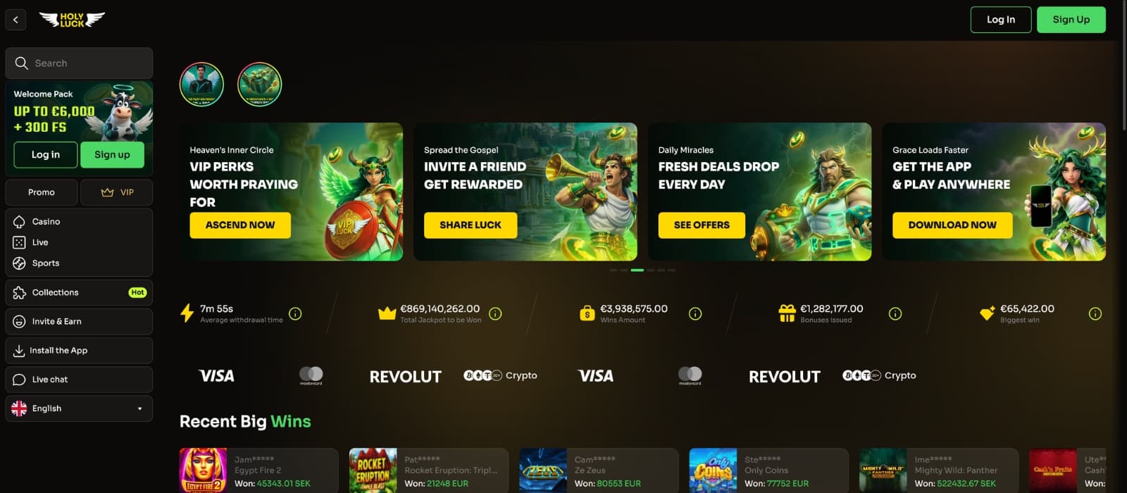 HolyLuck Casino homepage featuring a colorful fantasy-themed design with promotional banners, featured slot games, jackpot highlights, and navigation for casino categories and promotions.