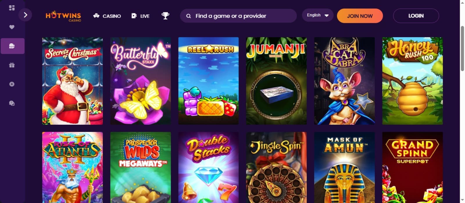 HotWins Casino games page with the colorful slot game icons, game categories and side navigation icons