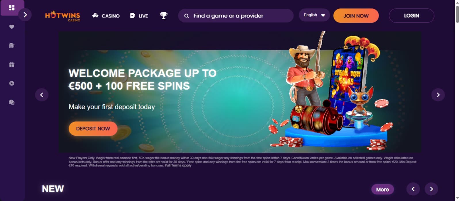 HotWins Casino landing page with the welcome bonus offer banner, side navigation icons and top casino menus