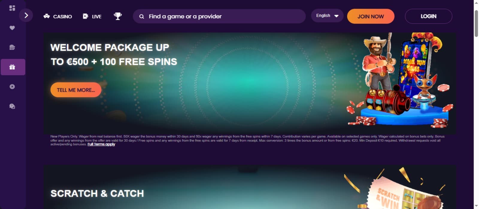 HotWins Casino promotions page with the welcome bonus and scratch games offer banner and side navigation icons