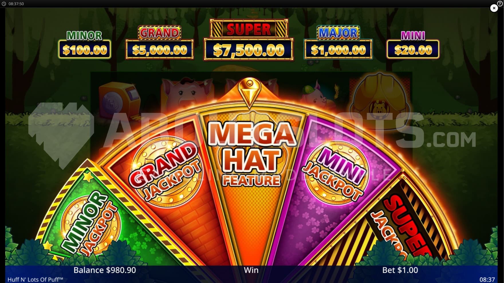 The bonus wheel spins and award either a bonus game or jackpot