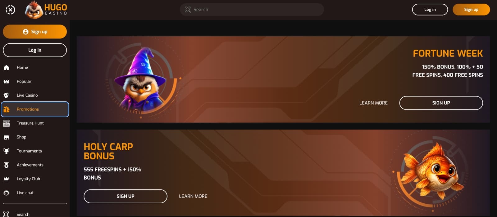 Hugo Casino bonus page displaying welcome bonuses, free spins offers, cashback promotions, reload deals, and VIP rewards in a sleek casino interface.