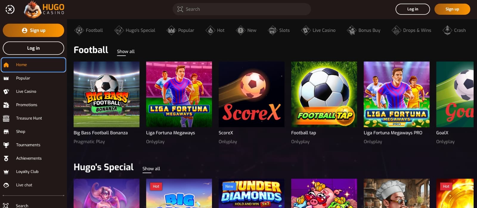 Hugo Casino game page showcasing online slots, live casino titles, and featured games with colorful thumbnails, provider filters, search tools, and category navigation.