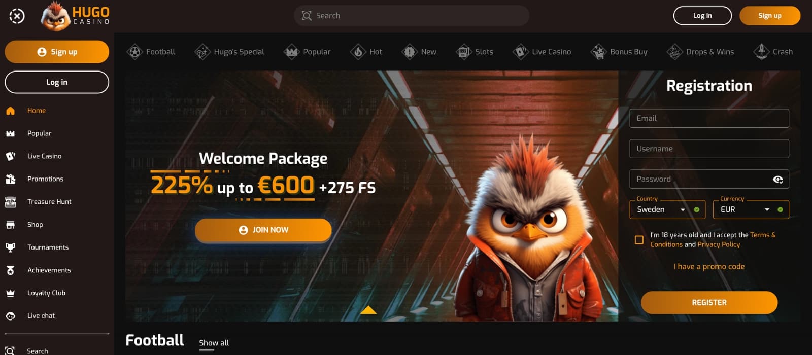 Hugo Casino homepage featuring a modern casino design with promotional banners, featured slot games, live casino highlights, and navigation for casino categories and player promotions.