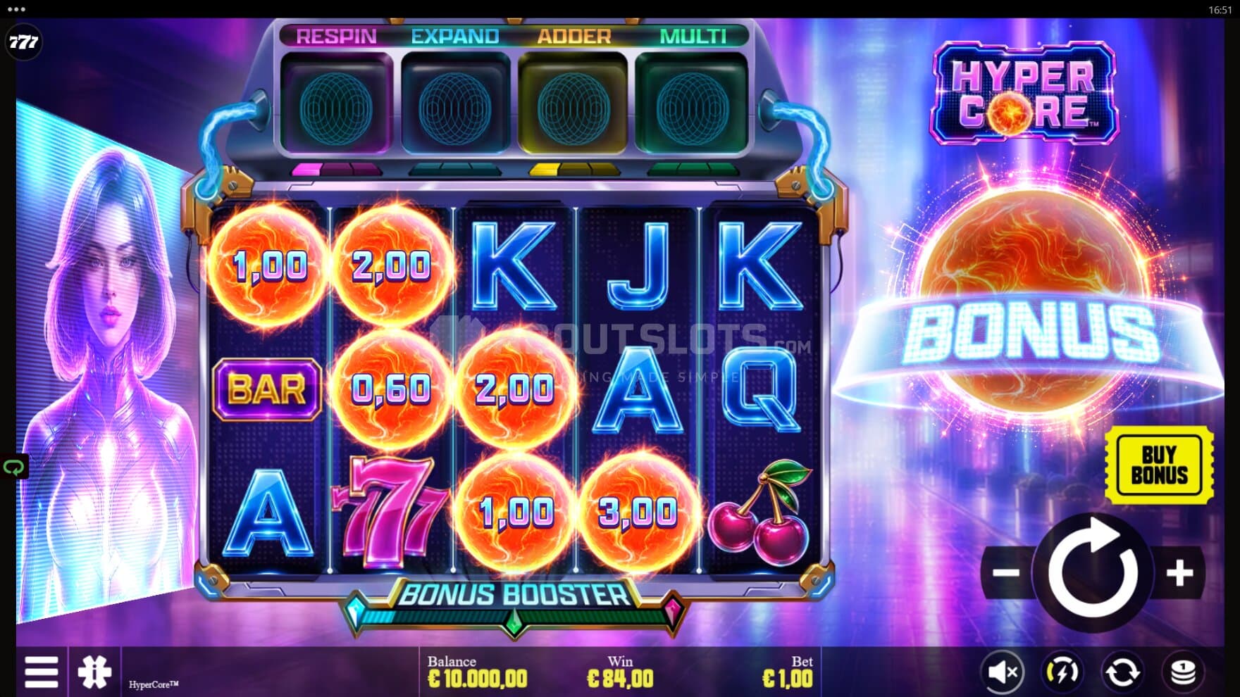 A holograph of a cyborg and a large Bonus Fireball takes over the neon-lit background during the game