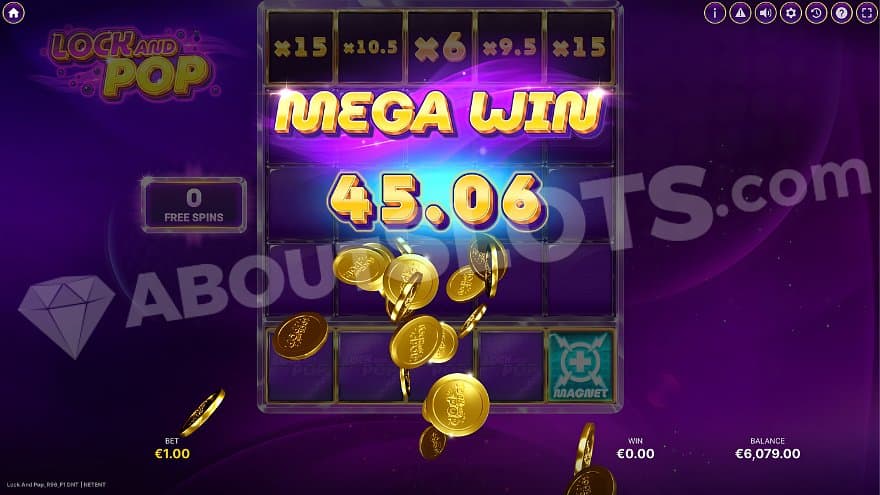 A Mega win screen is shown with a win of 45.06.