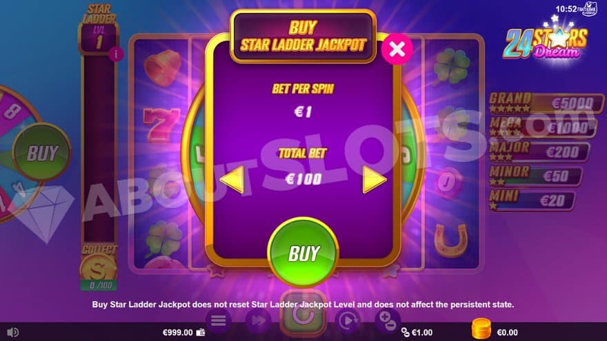 A menu offering the bonus game for 100X the bet.