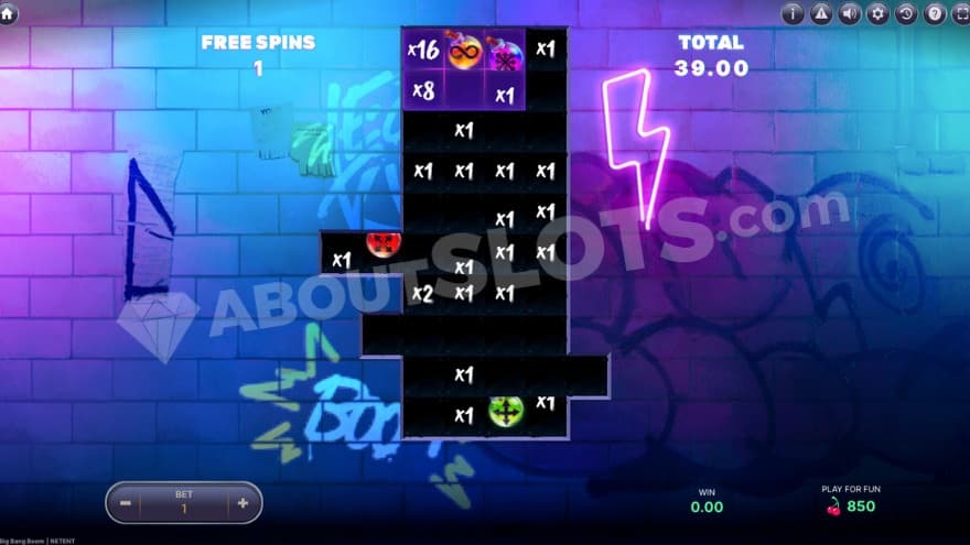 Free Spins bonus game with a couple of bombs on the reels.