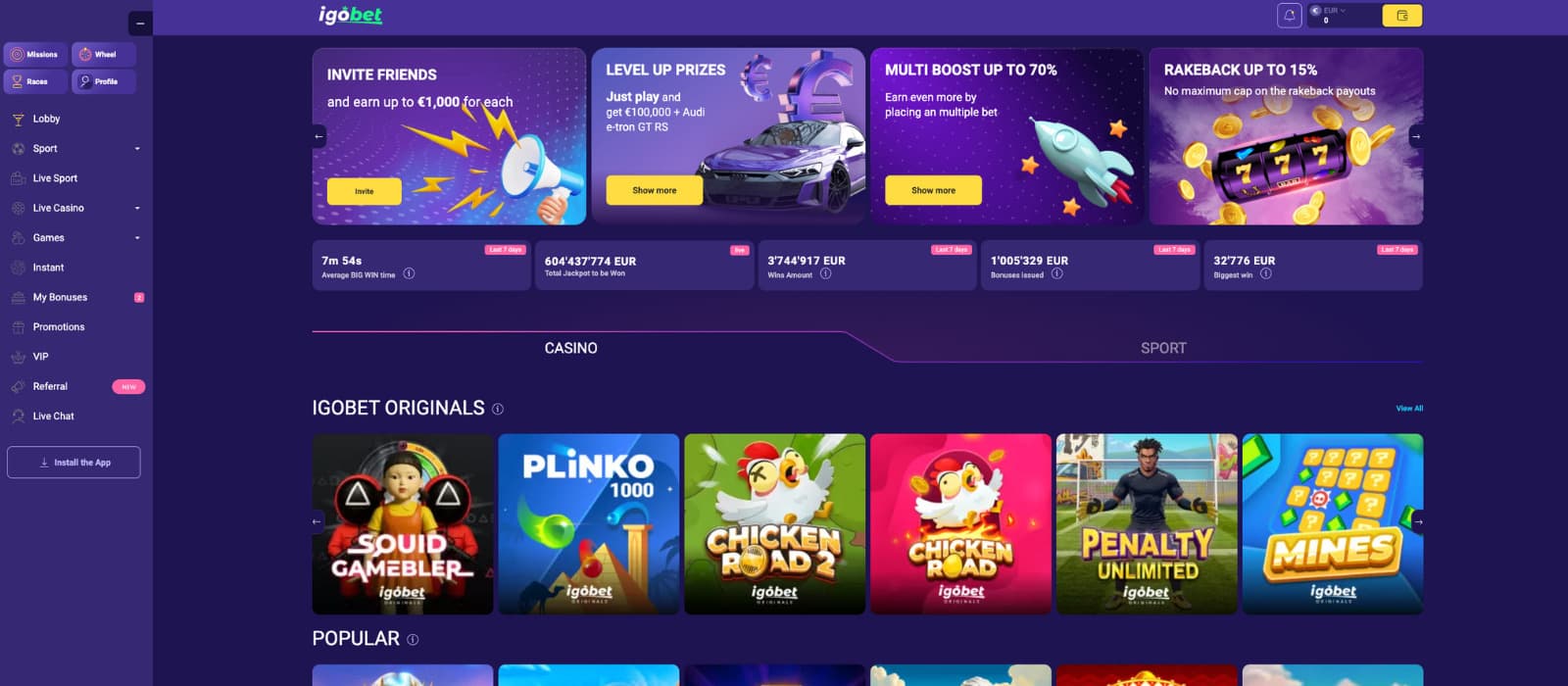 IgoBet Casino's homepage, showing active promotions and a sidebar menu with sections for games, sports, and live casino.