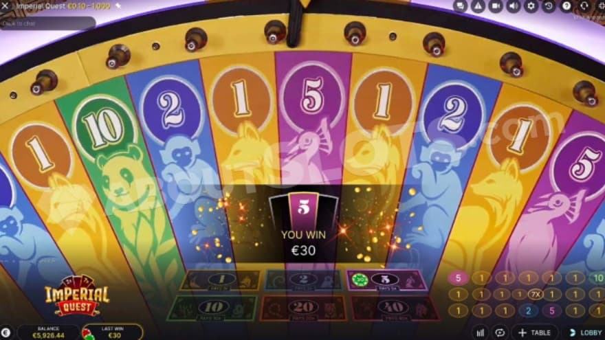 A big casino wheel is presented on the screen, showing a win of €30.