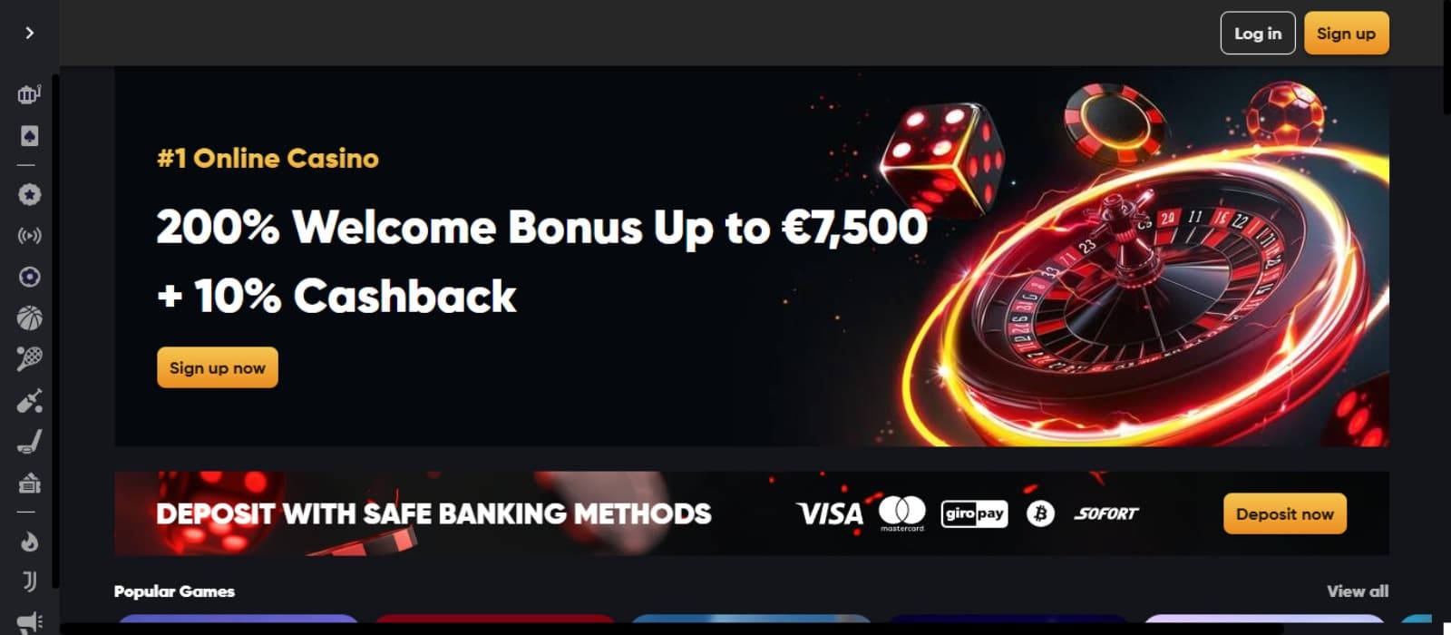 Instant Casino landing page with the welcome bonus offer and side navigational panel