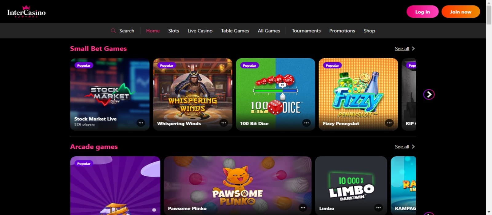 Intercasino casino landing page showing the banner of colorful slot game and other game icons