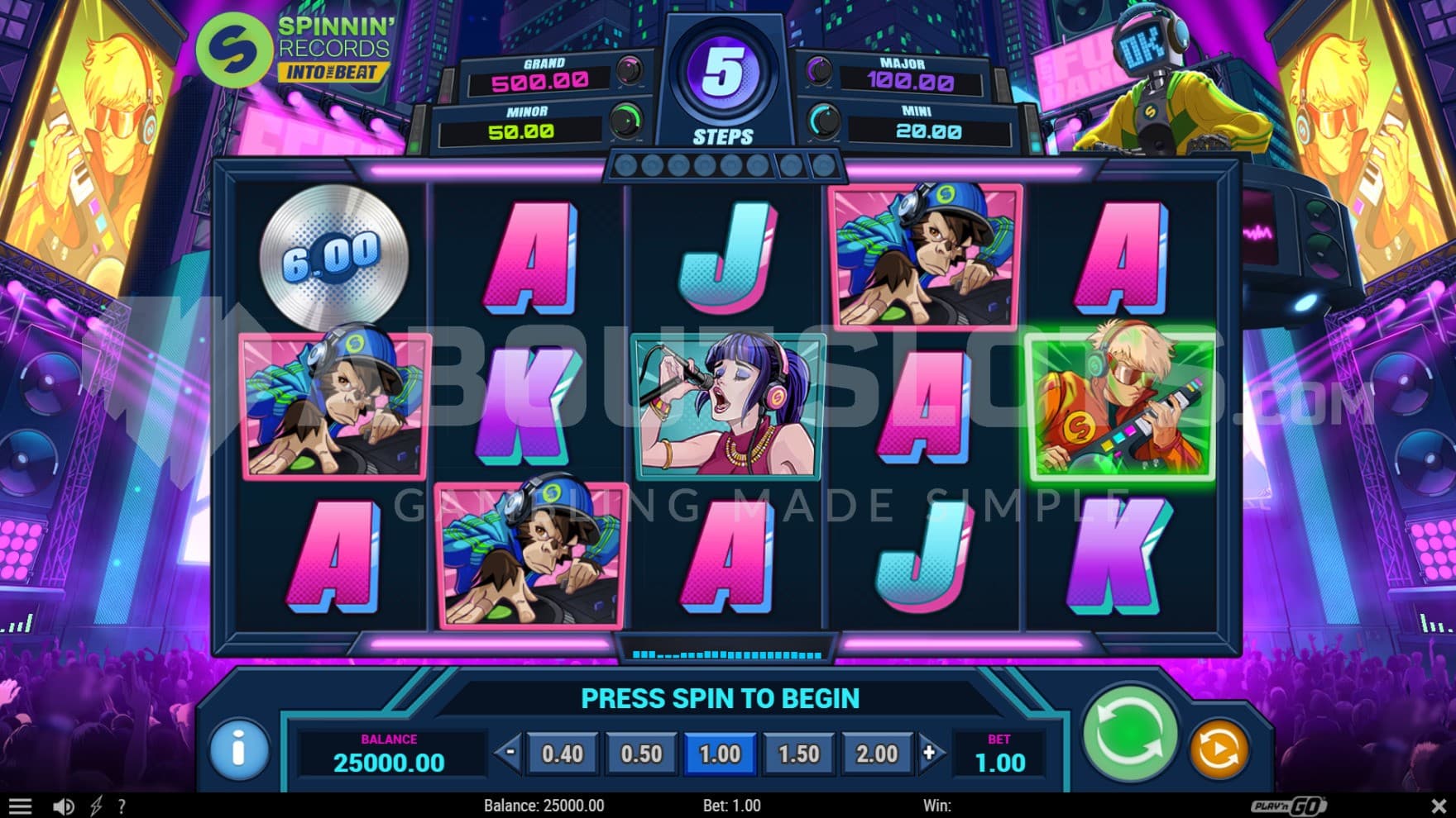 The base game sits in the middle of the crowd with the DJ robot sitting at the top right of the reels