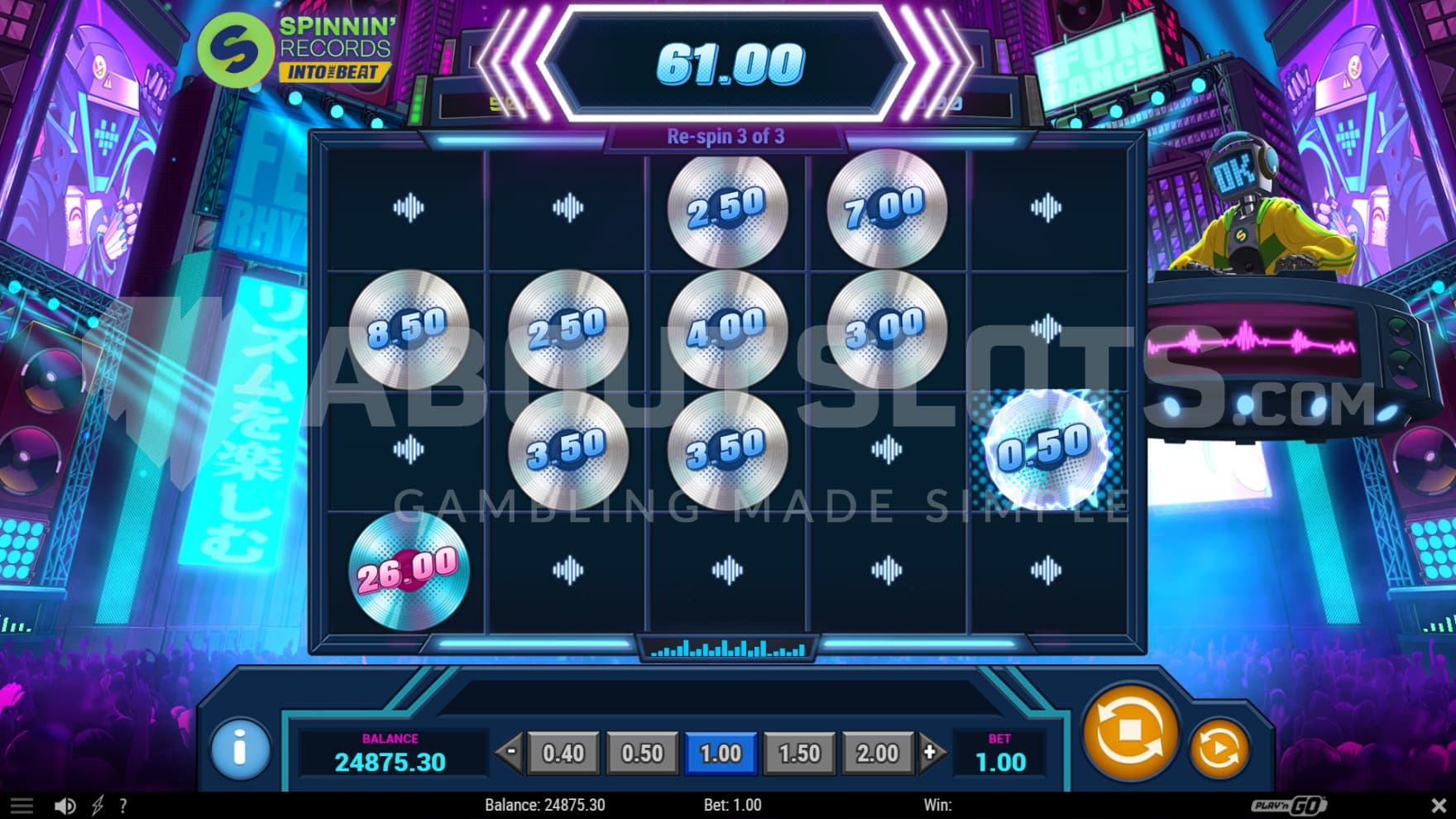 The Lock 'N Spin bonus game playing grid with multiple Record symbols on the reels