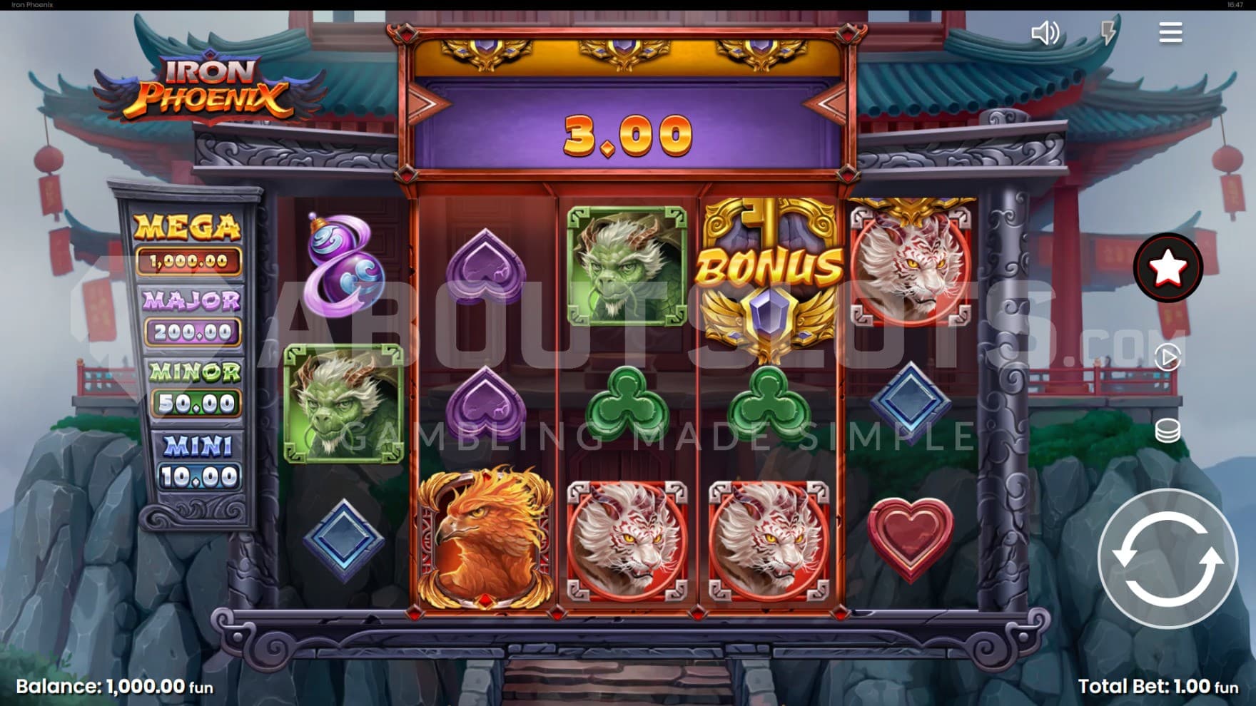 The playing grid is set on top of a mountain, and above the reels sit the Phoenix Reel