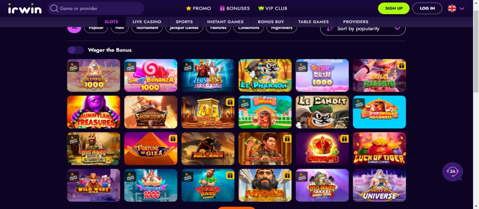 Irwin Casino games page with the various slot game icons and top game categories menu