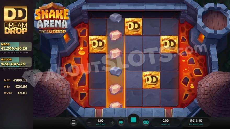 Dream Drop Jackpot about to be activated with four DD symbols on the reels and one more is about to land.