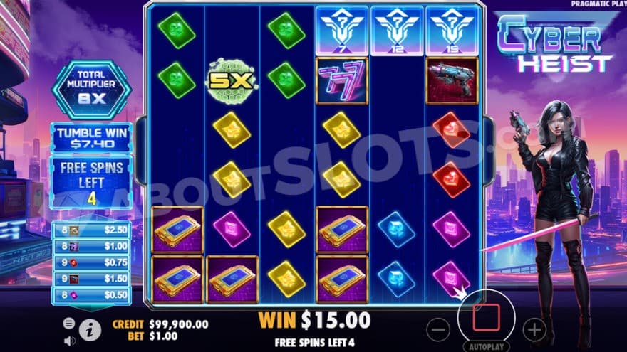 A 5X multiplier symbol being present on the second reel within the free spins feature.