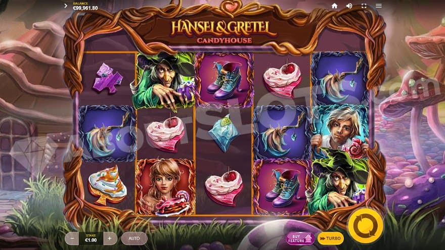 Five casino slot reels in front of an enchanted house.