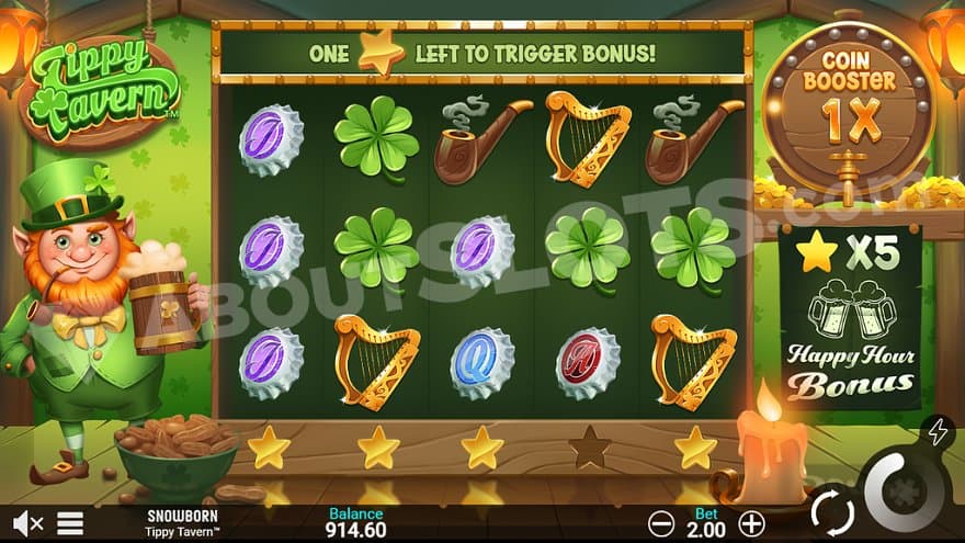 A bar in green with a leprechaun holding a beer to the left of the reels.