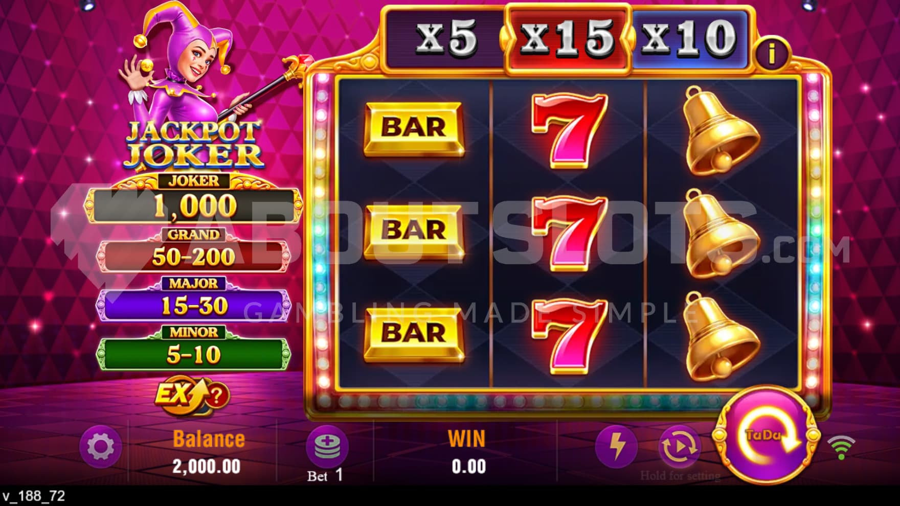 The Joker Prizes are shown on a sign to the left of the reel with the Joker host on top