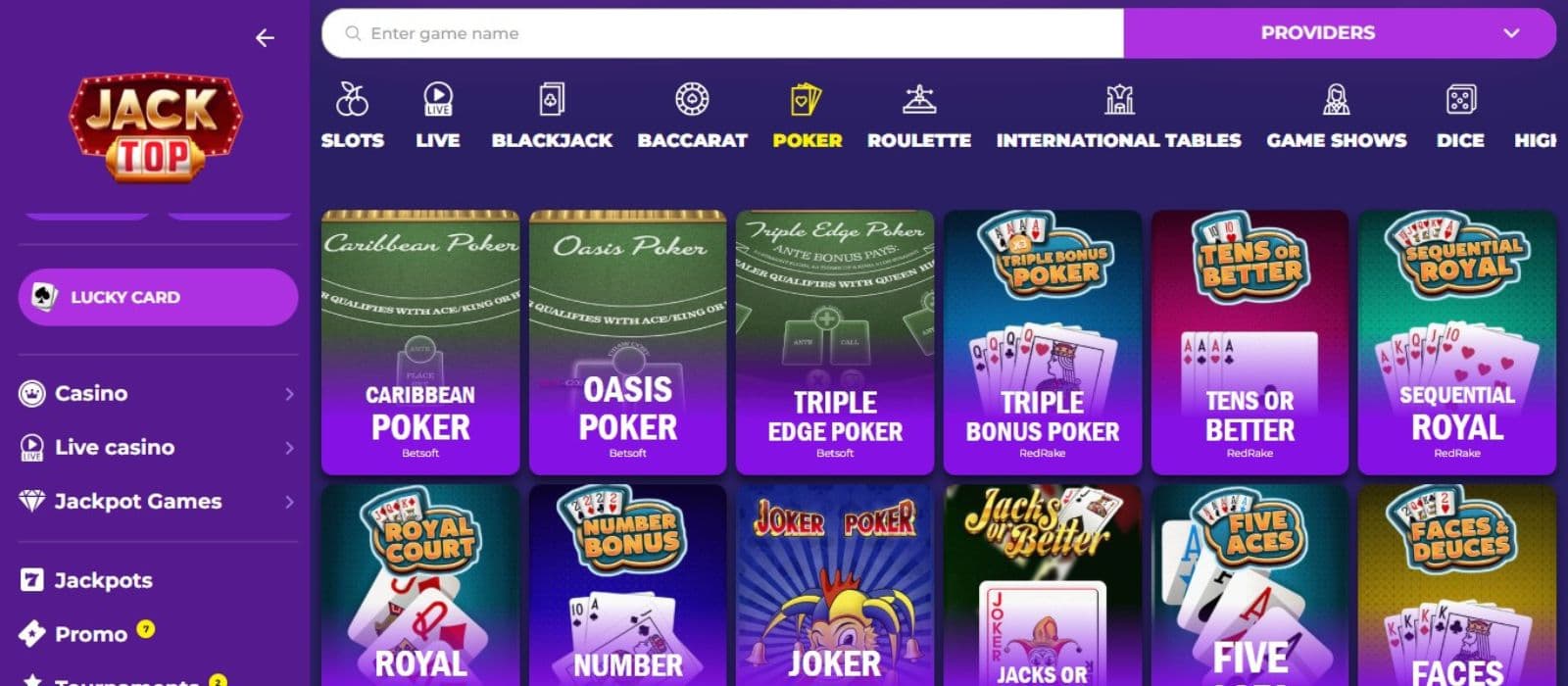 JackTop Casino's live games section, showing variations of poker.