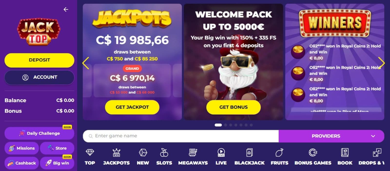 JackTop Casino's homepage, showing a jackpot draw, the welcome package, and a reel of winners updated in real-time.