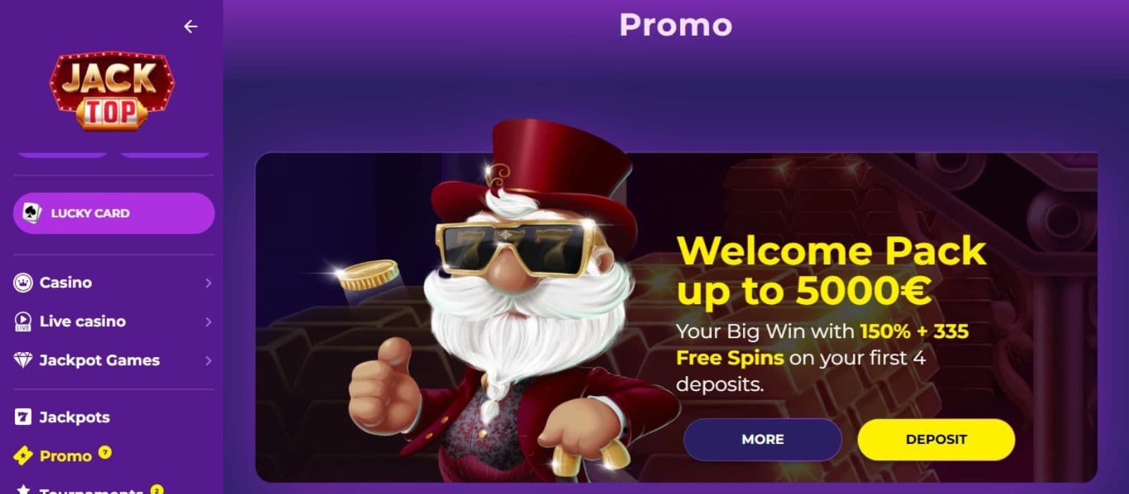 JackTop Casino's promotion page, showing the welcome bonus worth up to €5,000 plus 335 free spins.