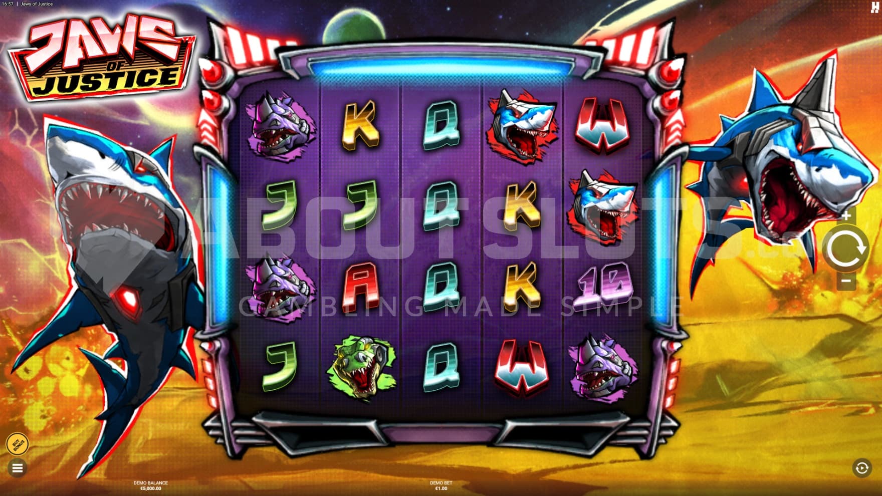 Two lazer sharks surround the playing grid filled with other robotic animals